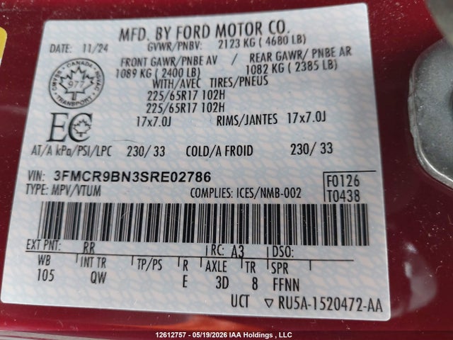 Продаж на аукціоні авто 2025 Ford Bronco Sport Big Bend, vin: 3FMCR9BN3SRE02786, номер лоту: 12612757