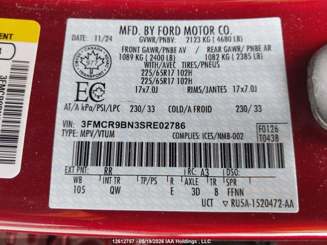 Продаж на аукціоні авто 2025 Ford Bronco Sport Big Bend, vin: 3FMCR9BN3SRE02786, номер лоту: 12612757