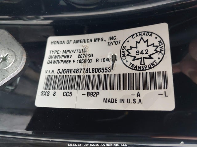 Aukcja sprzedaży 2008 Honda Cr-v, vin: 5J6RE48778L806553, numer aukcji: 12612762