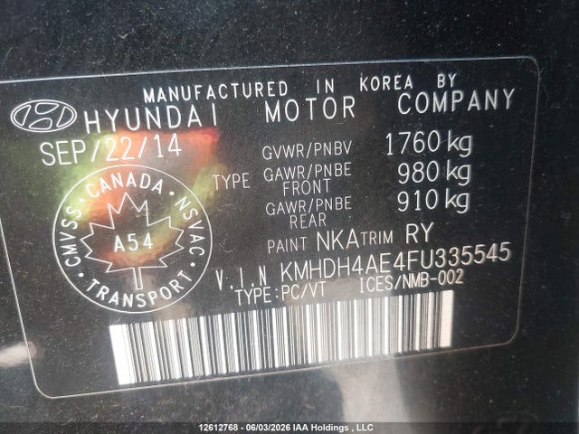 2015 Hyundai Elantra Se/sport/limited მანქანა იყიდება აუქციონზე, vin: KMHDH4AE4FU335545, აუქციონის ნომერი: 12612768