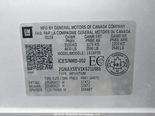 Aukcja sprzedaży 2019 Chevrolet Equinox Ls, vin: 2GNAXSEV1K6211886, numer aukcji: 12612779