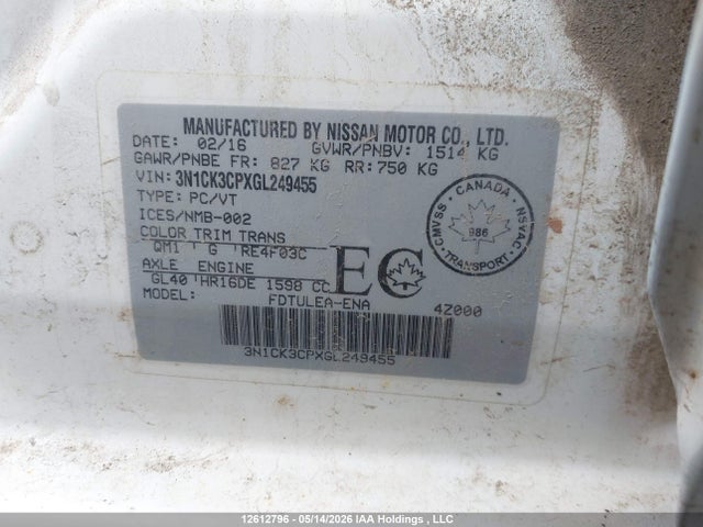 Aukcja sprzedaży 2016 Nissan Micra, vin: 3N1CK3CPXGL249455, numer aukcji: 12612796
