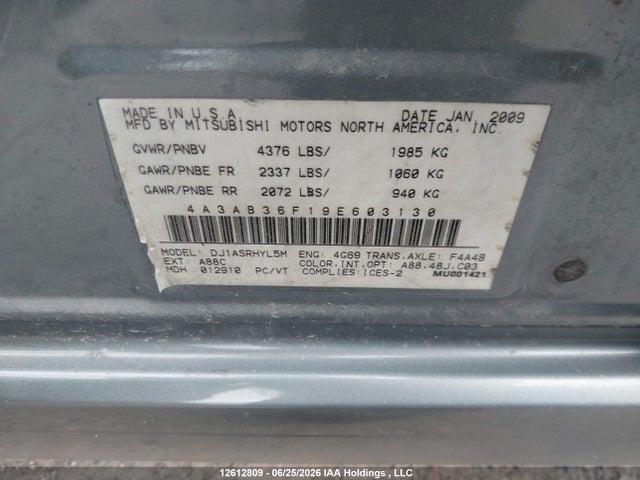 Aukcja sprzedaży 2009 Mitsubishi Galant Es, vin: 4A3AB36F19E603130, numer aukcji: 12612809