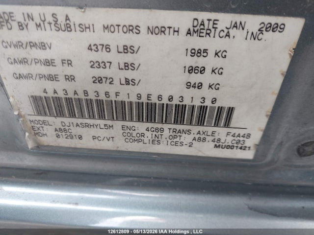 Aukcja sprzedaży 2009 Mitsubishi Galant Es, vin: 4A3AB36F19E603130, numer aukcji: 12612809