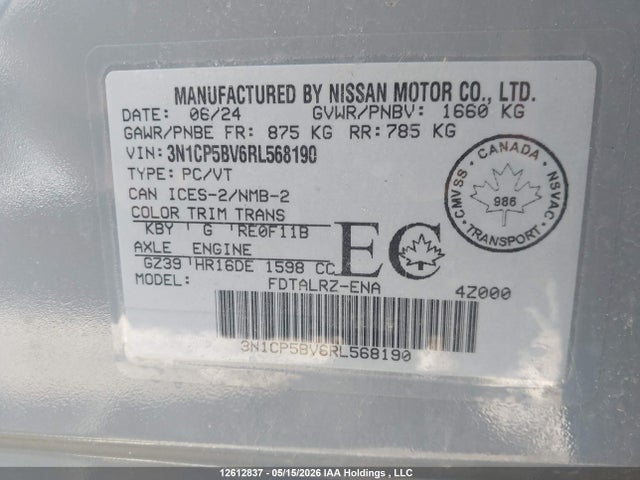12612837 :رقم المزاد ، 3N1CP5BV6RL568190 vin ، 2024 Nissan Kicks S مزاد بيع