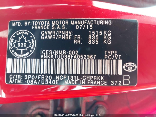2015 Toyota Yaris Le მანქანა იყიდება აუქციონზე, vin: VNKKTUD38FA052367, აუქციონის ნომერი: 12612848