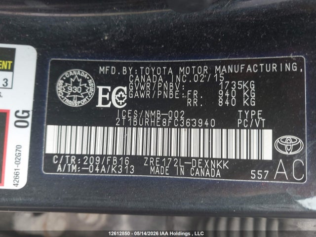 12612850 :رقم المزاد ، 2T1BURHE8FC363940 vin ، 2015 Toyota Corolla Le مزاد بيع