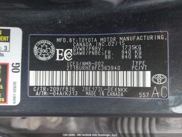 12612850 :رقم المزاد ، 2T1BURHE8FC363940 vin ، 2015 Toyota Corolla Le مزاد بيع