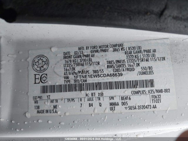 Продажа на аукционе авто 2012 Ford E-150 Commercial, vin: 1FTNE1EW5CDA68639, номер лота: 12604066