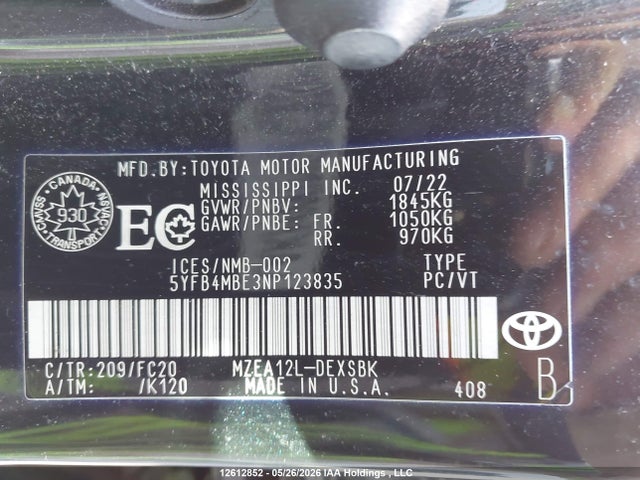 Auction sale of the 2022 Toyota Corolla Se, vin: 5YFB4MBE3NP123835, lot number: 12612852