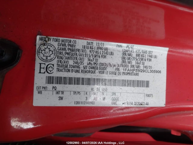 Aukcja sprzedaży 2012 Ford Focus Sel, vin: 1FAHP3M29CL305906, numer aukcji: 12582993