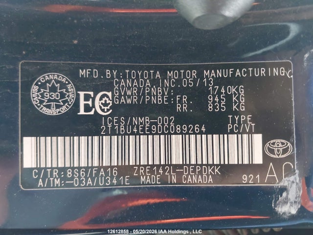 2013 Toyota Corolla S/le მანქანა იყიდება აუქციონზე, vin: 2T1BU4EE9DC089264, აუქციონის ნომერი: 12612858