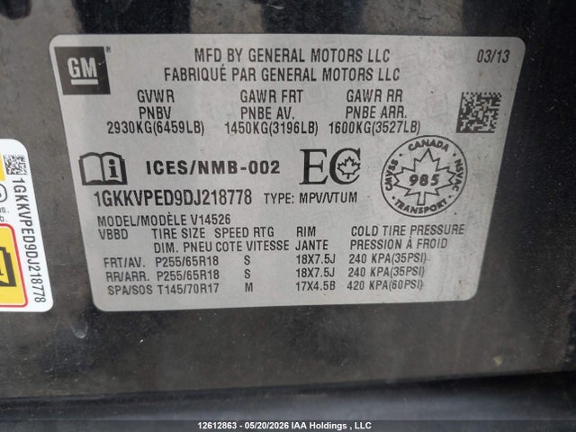 Aukcja sprzedaży 2013 Gmc Acadia Sle2, vin: 1GKKVPED9DJ218778, numer aukcji: 12612863
