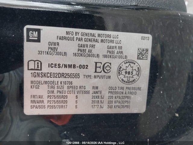 Aukcja sprzedaży 2013 Chevrolet Tahoe K1500 Ltz, vin: 1GNSKCE02DR256565, numer aukcji: 12612866