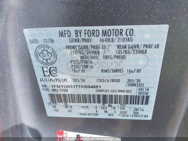 Продажа на аукционе авто 2007 Ford Escape Xlt, vin: 1FMYU93177KB94861, номер лота: 12612871