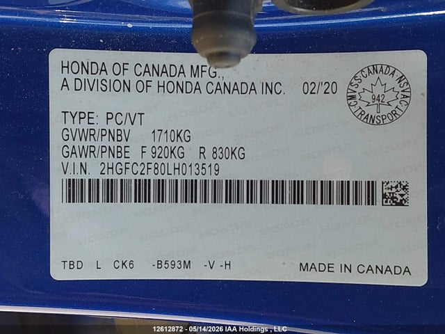 Продаж на аукціоні авто 2020 Honda Civic Sport, vin: 2HGFC2F80LH013519, номер лоту: 12612872