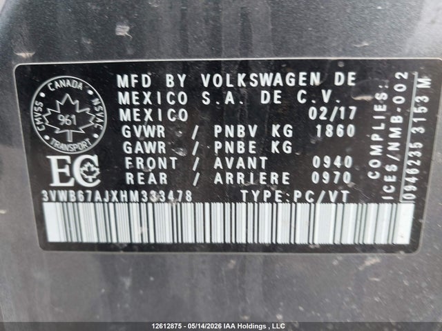 12612875 :رقم المزاد ، 3VWB67AJXHM333478 vin ، 2017 Volkswagen Jetta Se مزاد بيع
