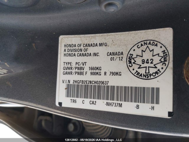 Aukcja sprzedaży 2012 Honda Civic Dx, vin: 2HGFB2E28CH020637, numer aukcji: 12612882