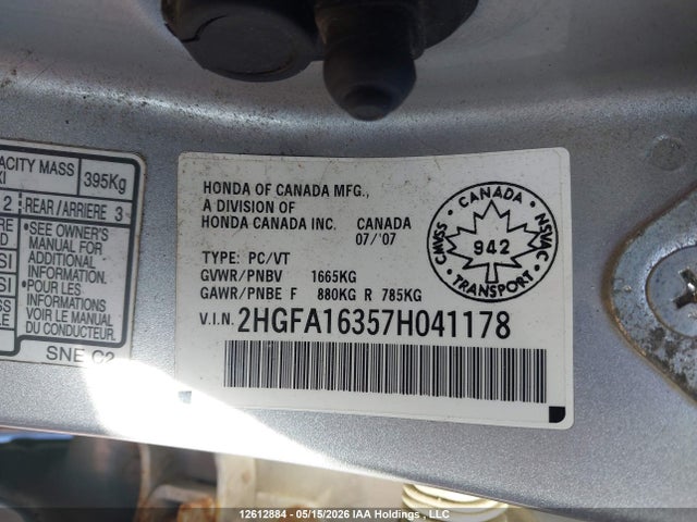 12612884 :رقم المزاد ، 2HGFA16357H041178 vin ، 2007 Honda Civic Dx-g مزاد بيع
