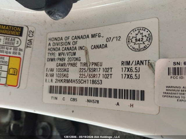 Aukcja sprzedaży 2012 Honda Cr-v, vin: 2HKRM4H55CH118653, numer aukcji: 12612886