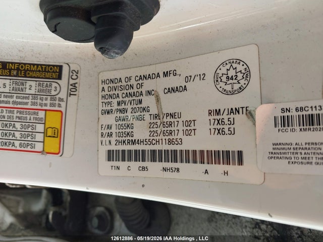 Aukcja sprzedaży 2012 Honda Cr-v, vin: 2HKRM4H55CH118653, numer aukcji: 12612886