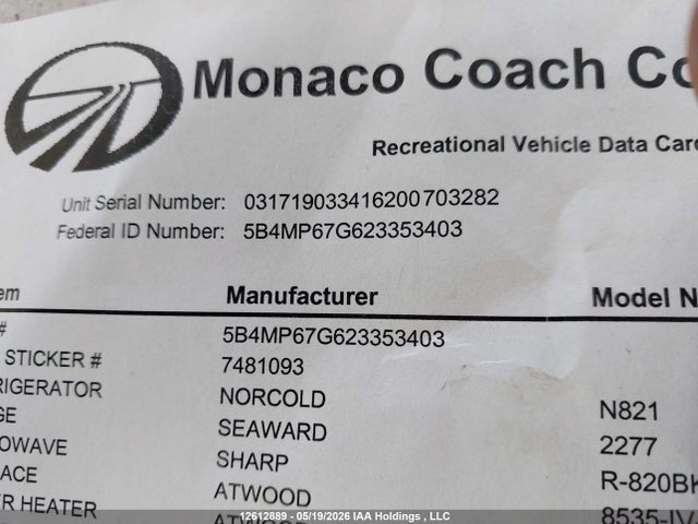 Продажа на аукционе авто 2002 Monaco Roadmaster, vin: 584MP67G623353403, номер лота: 12612889