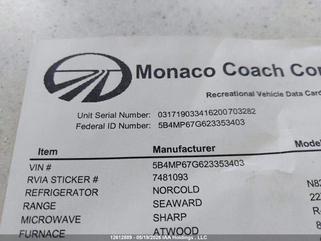 Продажа на аукционе авто 2002 Monaco Roadmaster, vin: 584MP67G623353403, номер лота: 12612889