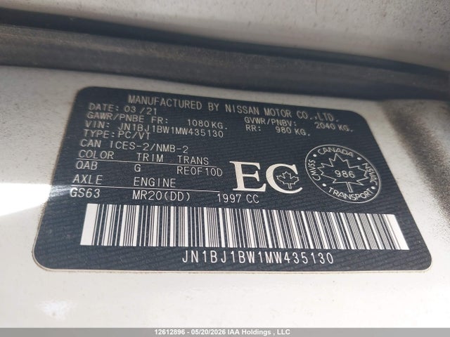 12612896 :رقم المزاد ، JN1BJ1BW1MW435130 vin ، 2021 Nissan Rogue Sport Sv مزاد بيع
