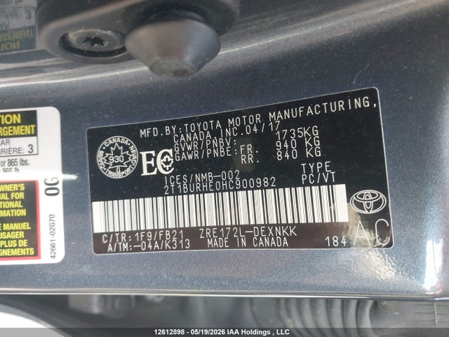 12612898 :رقم المزاد ، 2T1BURHE0HC900982 vin ، 2017 Toyota Corolla Le مزاد بيع