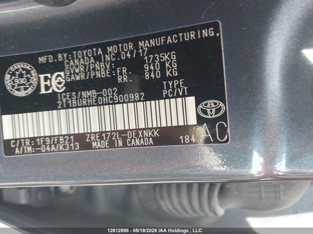 12612898 :رقم المزاد ، 2T1BURHE0HC900982 vin ، 2017 Toyota Corolla Le مزاد بيع