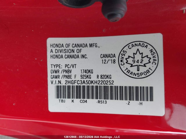Продажа на аукционе авто 2019 Honda Civic Si Si, vin: 2HGFC3A50KH220252, номер лота: 12612908