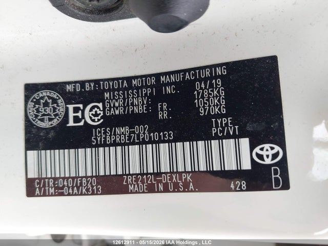 5YFBPRBE7LP010133 Toyota COROLLA LE