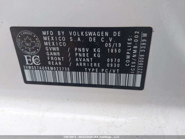 Продаж на аукціоні авто 2019 Volkswagen Golf, vin: 3VWG57AU9KM023736, номер лоту: 12612913