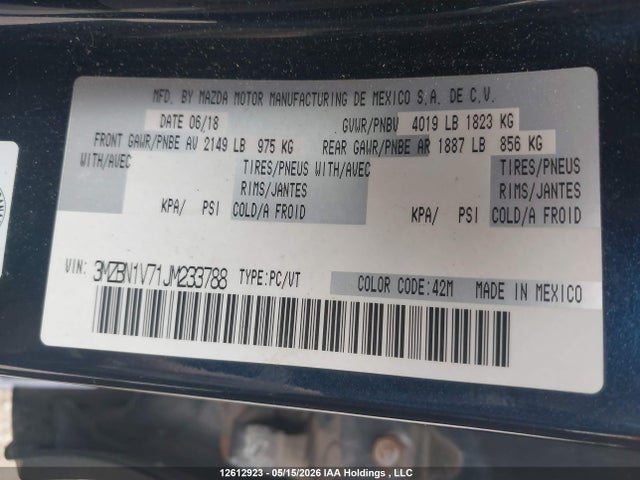 Продаж на аукціоні авто 2018 Mazda 3 Gs, vin: 3MZBN1V71JM233788, номер лоту: 12612923