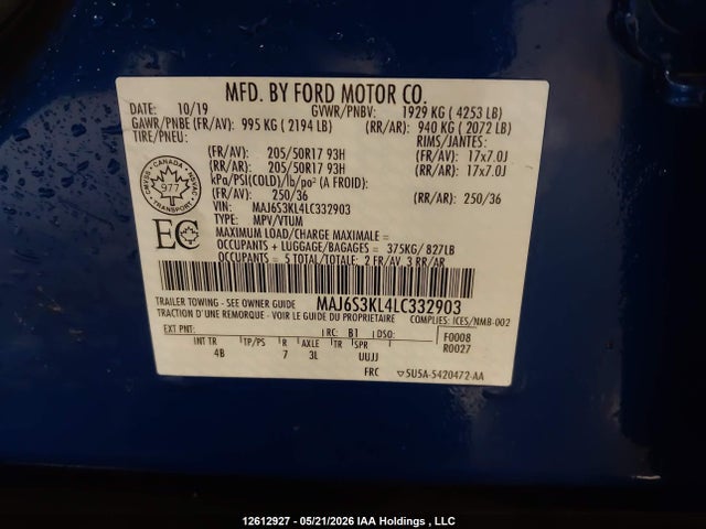 Aukcja sprzedaży 2020 Ford Ecosport Titanium, vin: MAJ6S3KL4LC332903, numer aukcji: 12612927