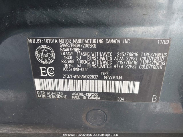 Aukcja sprzedaży 2010 Toyota Rav4, vin: 2T3ZF4DV9AW022837, numer aukcji: 12612933