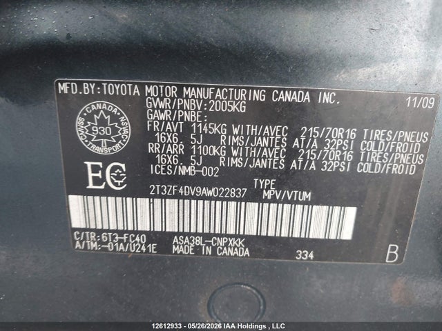Aukcja sprzedaży 2010 Toyota Rav4, vin: 2T3ZF4DV9AW022837, numer aukcji: 12612933