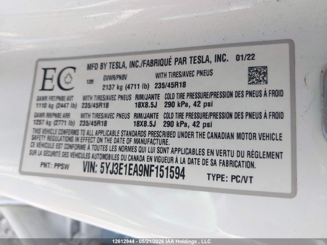 Aukcja sprzedaży 2022 Tesla Model 3, vin: 5YJ3E1EA9NF151594, numer aukcji: 12612944