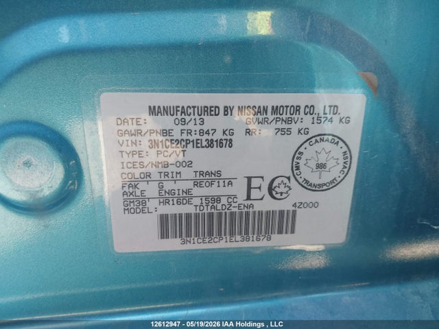 12612947 :رقم المزاد ، 3N1CE2CP1EL381678 vin ، 2014 Nissan Versa مزاد بيع