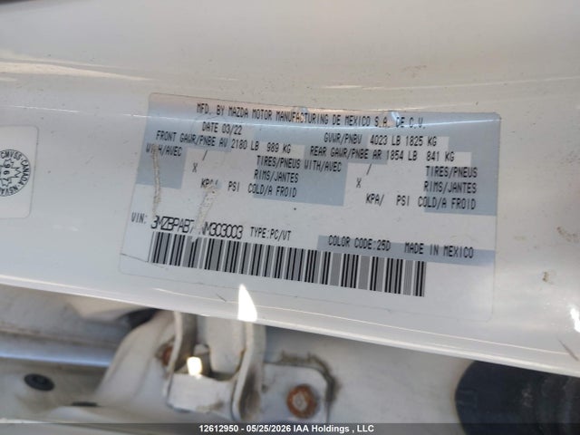 Aukcja sprzedaży 2022 Mazda Mazda3 Gx, vin: 3MZBPAB7XNM303003, numer aukcji: 12612950