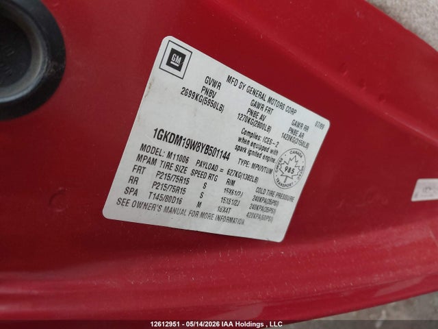 12612951 :رقم المزاد ، 1GKDM19W8YB501144 vin ، 2000 Gmc Safari Sl/sle/slt مزاد بيع