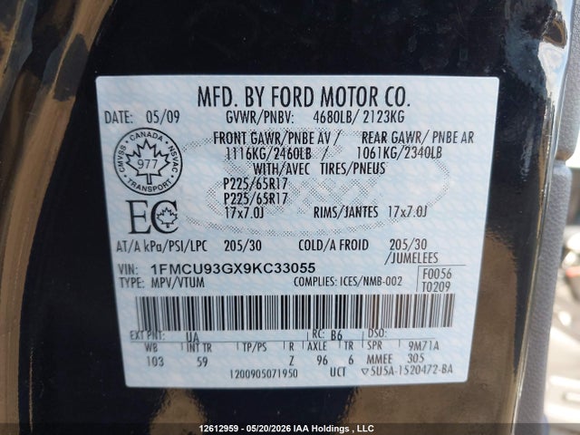 Продажа на аукционе авто 2009 Ford Escape Xlt Automatic, vin: 1FMCU93GX9KC33055, номер лота: 12612959
