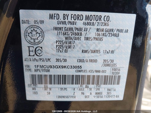 Продажа на аукционе авто 2009 Ford Escape Xlt Automatic, vin: 1FMCU93GX9KC33055, номер лота: 12612959