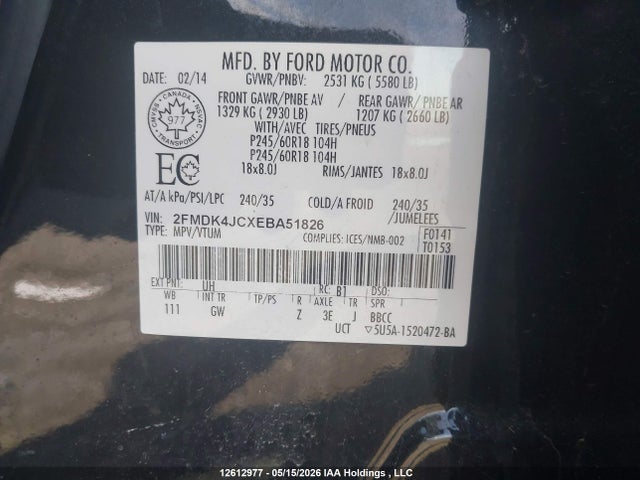2014 Ford Edge Sel მანქანა იყიდება აუქციონზე, vin: 2FMDK4JCXEBA51826, აუქციონის ნომერი: 12612977