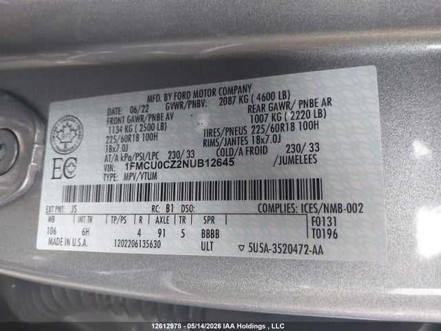 Aukcja sprzedaży 2022 Ford Escape Hybrid, vin: 1FMCU0CZ2NUB12645, numer aukcji: 12612978