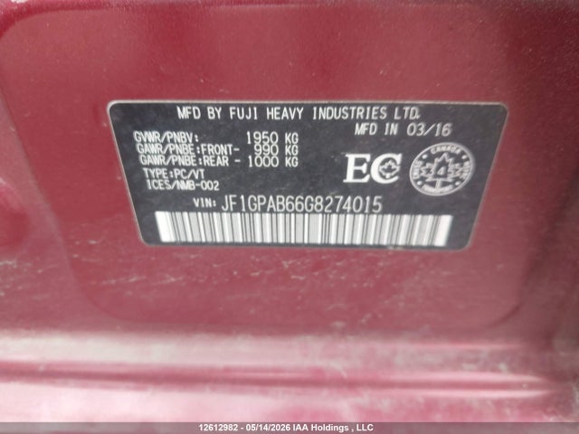 Aukcja sprzedaży 2016 Subaru Impreza 2.0i Touring Package, vin: JF1GPAB66G8274015, numer aukcji: 12612982