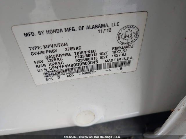 Продажа на аукционе авто 2013 Honda Pilot Touring, vin: 5FNYF4H90DB503045, номер лота: 12612983