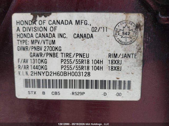 Aukcja sprzedaży 2011 Acura Mdx, vin: 2HNYD2H60BH003128, numer aukcji: 12612990