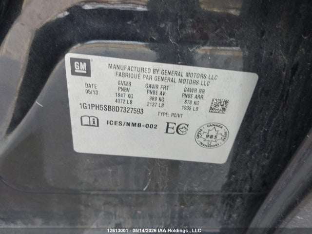 2013 Chevrolet Cruze Eco მანქანა იყიდება აუქციონზე, vin: 1G1PH5SB8D7327593, აუქციონის ნომერი: 12613001