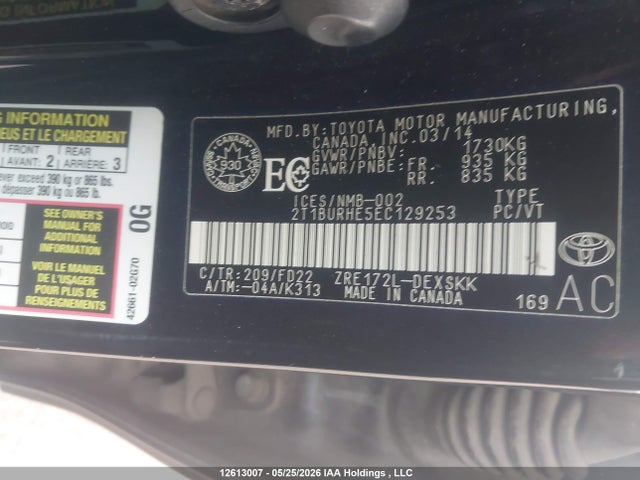 Aukcja sprzedaży 2014 Toyota Corolla L/le/le Pls/prm/s/s Pls, vin: 2T1BURHE5EC129253, numer aukcji: 12613007